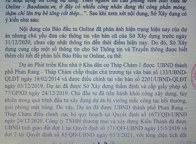 Văn bản số 2323 do ông Nguyễn Như Nguyên, Phó Giám đốc Sở Xây dựng tỉnh Ninh Thuận ký vào ngày 2/7, tự cho rằng Báo Kl99ok phiên bản mới "chưa cập nhật thông tin đến thời điểm hiện nay".