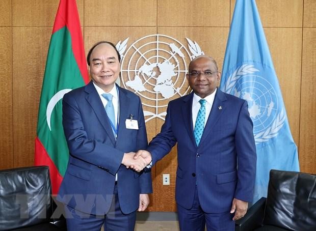 Chủ tịch nước Nguyễn Xuân Phúc gặp Chủ tịch Đại hội đồng Liên hợp quốc Abdullah Shalid. (Ảnh: TTXVN)