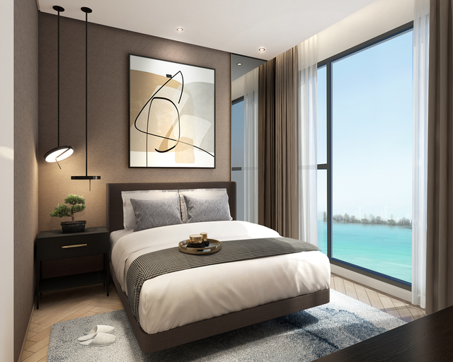 Tầm nhìn trực diện từ căn hộ hướng ra hồ nước ngọt 24.5ha và biển hồ nước mặn 6.1ha. Ảnh: Masteri Waterfront