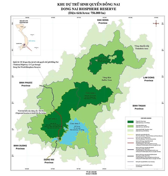 Bản đồ dự kiến đường tới cầu Mã Đã (vạch đỏ, 40 km) sẽ xuyên qua vùng lõi rừng của Khu Bảo tồn thiên nhiên - Văn hóa Đồng Nai