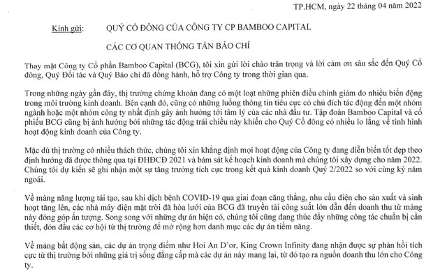 Thông cáo của Chủ tịch Bamboo Capital gửi các Trang Chủ KL99Com Số 1 Link Đăng Ký KL999