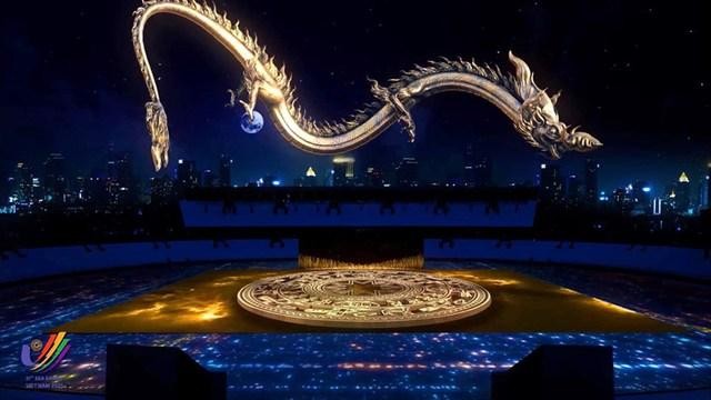 Hình ảnh chú rồng bay lượn từ tâm mặt sàn sân khấu (8.000m2) của Sân vận động Quốc gia Mỹ Đình khi xem trên truyền hình.