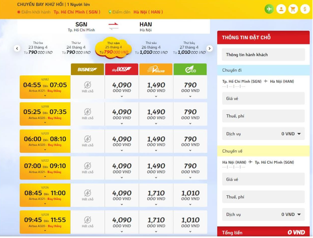 Chặng TP HCM - Hà Nội của Vietjet từ khoảng 790.000 đồng cho hạng Eco, hãng còn có thêm các hạng vé Deluxe, Sky Boss với đa dạng mức giá và thời gian bay cho khách hàng lựa chọn. Ảnh: Chụp từ website Vietjet Air