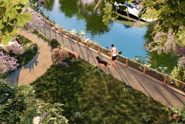Phối cảnh bên ngoài Clubhouse, đường dạo bộ ven sông và khu BBQ Riverside tại Khải Hoàn Prime.