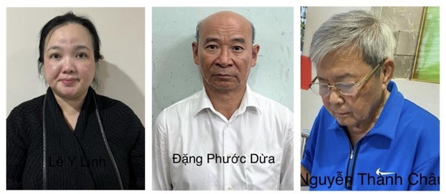 Các bị can Lê Y Linh, Đặng Phước Dừa và Nguyễn Thành Châu. Ảnh: BCA