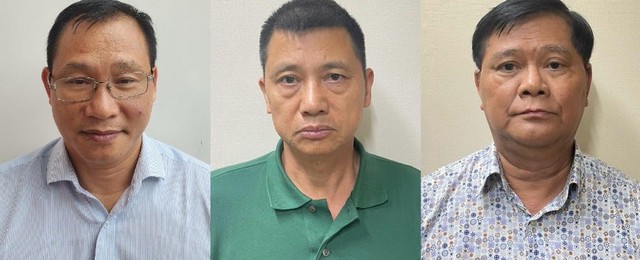 Từ trái qua: Các bị can Phạm Hồng Phú, Bùi Thế Chuyên, Nguyễn Minh Thiện. Ảnh: BCA