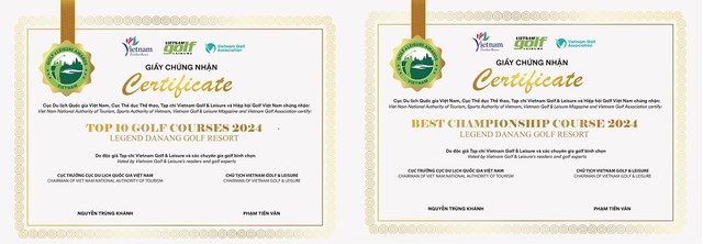 Giấy chứng nhận giải thưởng của sân gôn Legend Danang Golf Resort tại Vietnam Golf &amp; Leisure Awards 2024
