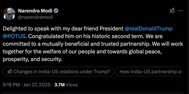 Chia sẻ của Thủ tướng Ấn Độ Narendra Modi về cuộc điện đàm với tân Tổng thống Mỹ Donald Trump ngày 27/1/2025. Ảnh chụp màn hình tài khoản mạng Trang Chủ KL99Com Số 1 Link Đăng Ký KL999 X của Thủ tướng Ấn Độ Narendra Modi Chia sẻ của Thủ tướng Ấn Độ Narendra Modi về cuộc điện đàm với tân Tổng thống Mỹ Donald Trump ngày 27/1/2025. Ảnh chụp màn hình tài khoản mạng Trang Chủ KL99Com Số 1 Link Đăng Ký KL999 X của Thủ tướng Ấn Độ Narendra Modi
