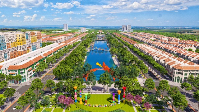 Phân khu Kim Ngân 1 nằm kế cận trục đại lộ lễ hội, tuyến phố giao thương phồn hoa trong tương lai (Ảnh phối cảnh minh họa: Sun Property)