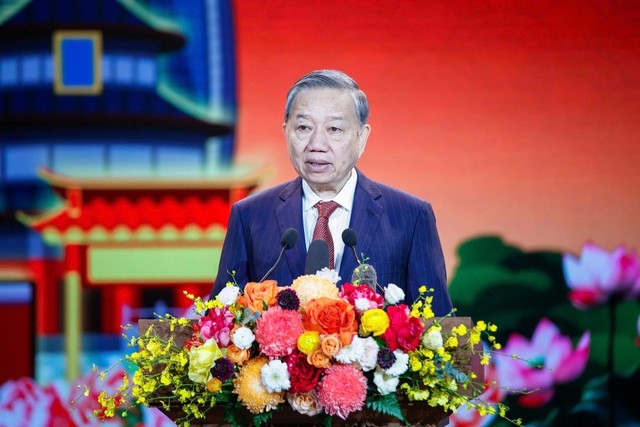 Tổng Bí thư Tô Lâm phát biểu tại cuộc gặp mặt. Ảnh: Tuấn Minh