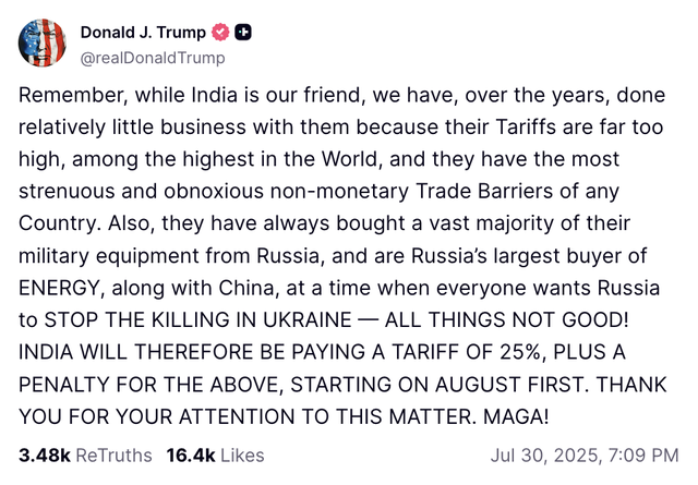 Thông báo của Tổng thống Mỹ Donald Trump trên mạng Trang Chủ KL99Com Số 1 Link Đăng Ký KL999 Truth Social về việc áp mức thuế 25% cùng các hình phạt bổ sung đối với Ấn Độ vì nước này tiếp tục duy trì quan hệ thương mại với Liên bang Nga. Ảnh chụp màn hình