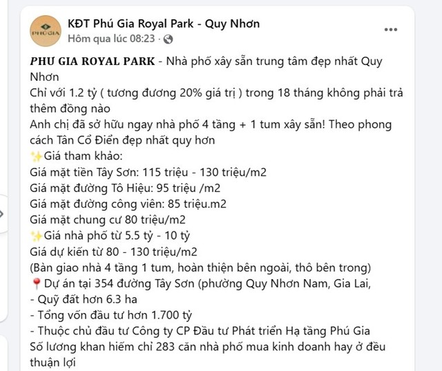 Một thông tin quảng cáo Dự án Phú Gia Royal Park Quy Nhơn của đại lý phân phối.