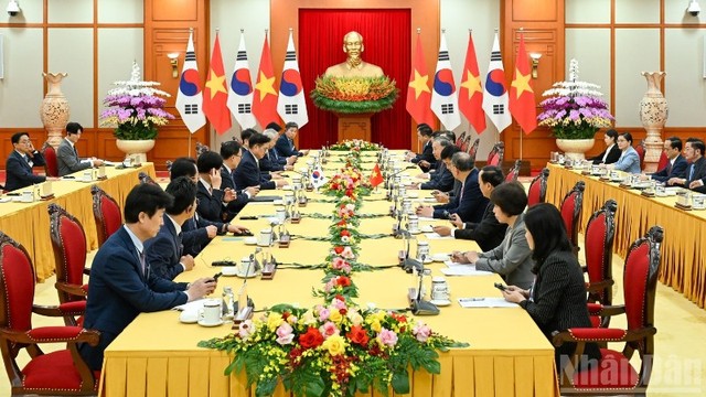Quang cảnh cuộc hội kiến tại Trụ sở Trung ương Đảng.