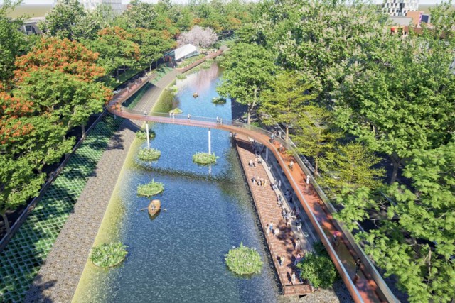 Phối cảnh dự án cải tạo, chỉnh trang, tái thiết công viên hai bên sông Tô Lịch nhìn từ trên cao