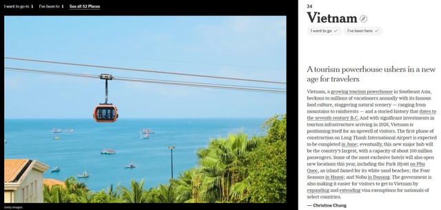 Cáp treo Hòn Thơm xuất hiện trên New York Times trong phần giới thiệu về điểm đến Việt Nam. Nguồn: New York Times