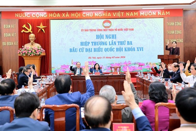 Đoàn Chủ tịch Ủy ban Trung ương Mặt trận Tổ quốc Việt Nam tổ chức Hội nghị hiệp thương lần thứ ba bầu cử đại biểu Quốc hội khoá XVI. Ảnh tư liệu tháng 2/2026.
