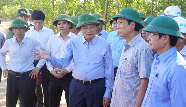 Chủ tịch UBND tỉnh Quảng Trị Lê Hồng Vinh (hàng đầu, thứ ba từ phải ảnh) chỉ đạo đẩy nhanh tiến độ dự án.