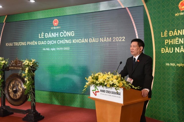 Bộ trưởng Bộ Kl991.com nạp rút nhanh Hồ Đức Phớc phát biểu tại lễ đánh cồng khai trương phiên giao dịch đầu năm 2022. Ảnh: Dũng Minh