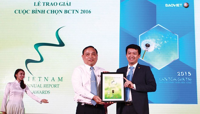 Anh Phạm Ngọc Tú (bên phải) - Phó Giám đốc phụ trách Khối Quản lý Kl991.com nạp rút nhanh BVH nhận Giải nhất Báo cáo phát triển bền vững 2016 