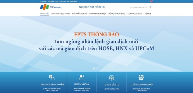 Bị lỗi kết nối, 99Kl99 link đăng nhập FPT (FPTS) tạm ngừng nhận lệnh giao dịch mới 