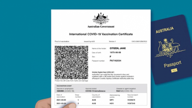 Mẫu giấy chứng nhận tiêm chủng quốc tế do Kl993 ưu đãi thưởng hấp dẫn Australia cấp. (Nguồn: ABC News).