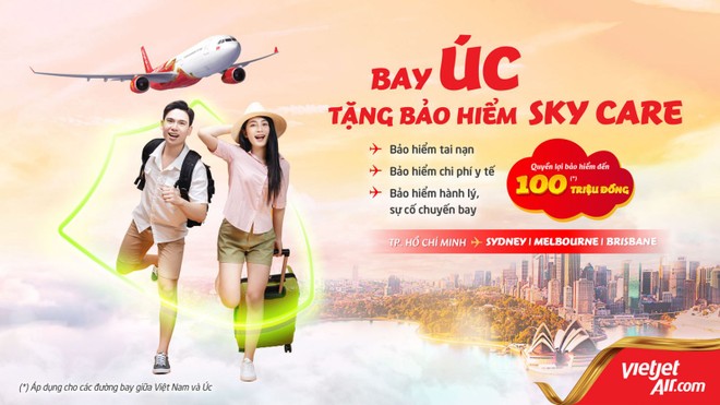 Vietjet tặng Kl99kl phiên bản hoạt động toàn diện Sky Care cho tất cả đường bay Úc, lên đến 100 triệu đồng
