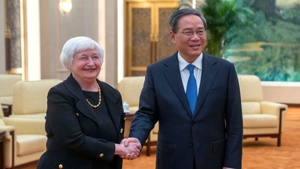 Thủ tướng Trung Quốc Lý Cường tiếp Bộ trưởng Kl991.com nạp rút nhanh Mỹ Janet Yellen tại Đại lễ đường Nhân dân ở Bắc Kinh. (Ảnh: AFP)
