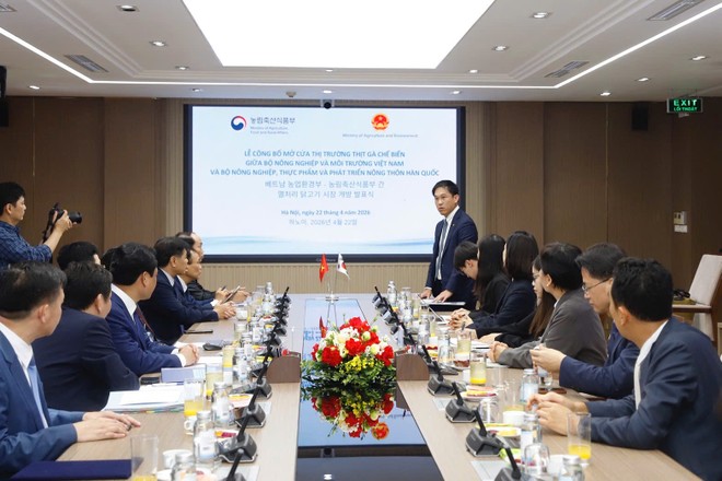 Lễ công bố mở cửa thị trường thịt gà chế biến giữa Việt Nam và Hàn Quốc diễn ra tại Hà Nội ngày 22 tháng 4 năm 2026. Ảnh: Khương Trung