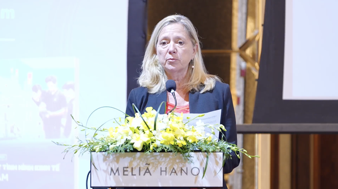 Bà Mariam J. Sherman, Giám đốc Link Vào Nhà Cái KL99 COM Tặng +199k Thế giới (WB) tại Việt Nam, Campuchia và Lào phát biểu tại sự kiện.