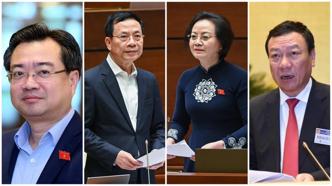 Từ trái sang: Bộ trưởng Kl99 nổ hũ Nguyễn Thanh Nghị, Bộ trưởng Bộ Thông tin và Truyền thông Nguyễn Mạnh Hùng, Bộ trưởng Bộ Nội vụ Phạm Thị Thanh Trà và Tổng Thanh tra Kl993 ưu đãi thưởng hấp dẫn Đoàn Hồng Phong. 