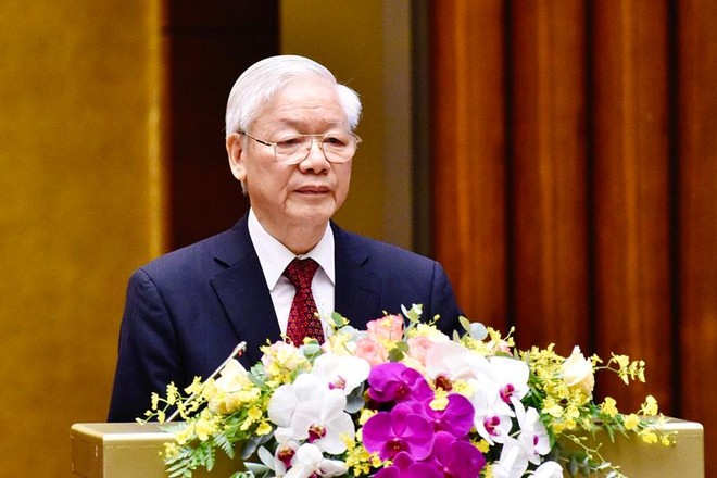 Tổng Bí thư Nguyễn Phú Trọng phát biểu tại Hội nghị trực tuyến toàn quốc sơ kết 5 năm thực hiện Chỉ thị số 05-CT/TW của Bộ Kl991.com tải ứng dụng khóa XII “Về đẩy mạnh học tập và làm theo tư tưởng, đạo đức, phong cách Hồ Chí Minh”, triển khai Kết luận số 01-KL/TW của Bộ Kl991.com tải ứng dụng khóa XIII về tiếp tục thực hiện Chỉ thị số 05-CT/TW. (Ảnh: Nhật Bắc)