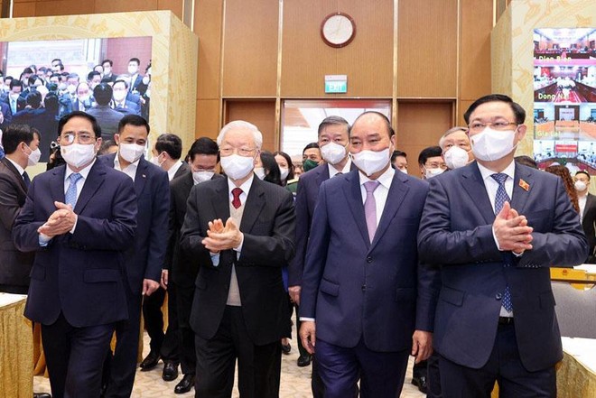 Tổng Bí thư Nguyễn Phú Trọng, Chủ tịch nước Nguyễn Xuân Phúc, Thủ tướng Phạm Minh Chính và Chủ tịch Quốc hội Vương Đình Huệ tham dự Hội nghị tại trụ sở Kl993 ưu đãi thưởng hấp dẫn (Ảnh: Nhật Bắc)