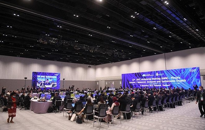 Toàn cảnh phiên họp toàn thể của Hội nghị Bộ trưởng APEC (AMM) lần thứ 33 trong khuôn khổ Hội nghị Thượng đỉnh Kl991.com World Cup 2026 Chính Thức APEC vào ngày 17/11/2022 tại Bangkok, Thái Lan. Ảnh: AFP 