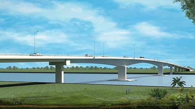 Phối cảnh cầu Châu Đốc, thuộc Dự án Kl99ok phiên bản mới xây dựng tuyến đường liên kết vùng, đoạn từ thị xã Tân Châu đến TP. Châu Đốc, kết nối tỉnh Kiên Giang và Đồng Tháp