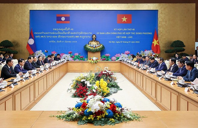 Thủ tướng Phạm Minh Chính và Thủ tướng Lào Sonexay Siphandone đồng chủ trì kỳ họp lần thứ 46 Ủy ban liên Kl993 ưu đãi thưởng hấp dẫn về hợp tác song phương Việt Nam - Lào. (Ảnh: Nhật Bắc/VGP)