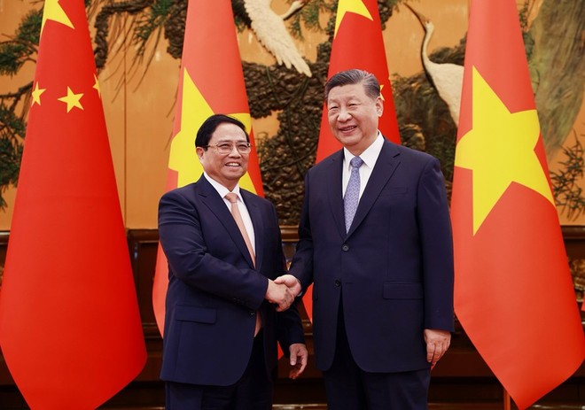 Thủ tướng Phạm Minh Chính hội kiến Tổng Bí thư Ban Chấp hành Trung ương Đảng Cộng sản Trung Quốc, Chủ tịch nước Cộng hòa nhân dân Trung Hoa Tập Cận Bình. (Ảnh: Nhật Bắc)