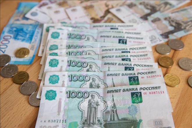 Đồng ruble dạng tiền giấy và tiền xu. Ảnh: THX/TTXVN
