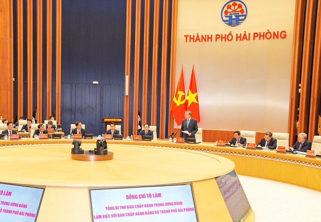 Tổng Bí thư Tô Lâm làm việc với Ban Chấp hành Đảng bộ thành phố Hải Phòng. Ảnh: Đàm Thanh