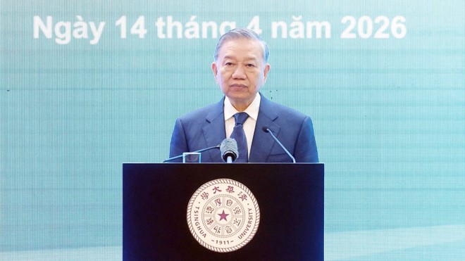 Tổng Bí thư, Chủ tịch nước Tô Lâm phát biểu chính sách tại Đại học Thanh Hoa. (Ảnh: THỐNG NHẤT/TTXVN)