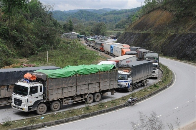 Đoàn xe chở dưa hấu nằm dài hàng km để chờ được xuất khẩu. Ảnh: Minh Phúc
