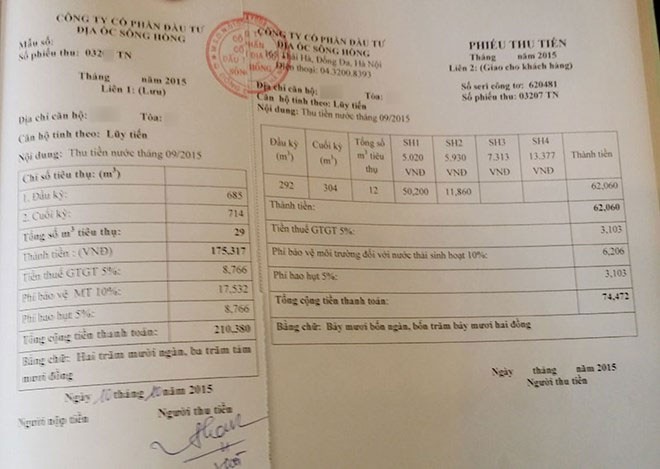Phiếu thu tiền nước tại Tòa nhà Sông Hồng Parkview ghi tên đơn vị thu là CTCP Kl99ok phiên bản mới địa ốc Sông Hồng