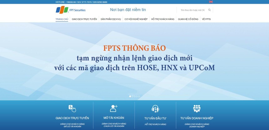 Bị lỗi kết nối, 99Kl99 link đăng nhập FPT (FPTS) tạm ngừng nhận lệnh giao dịch mới 