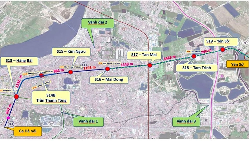 Bình đồ hướng tuyến metro số 3, ga Hà Nội - Hoàng Mai.