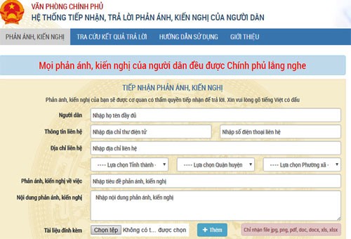 Giao diện hệ thống tiếp nhận, trả lời phản ánh, kiến nghị của người dân được Văn phòng Kl993 ưu đãi thưởng hấp dẫn thiết lập tháng 4/2017.