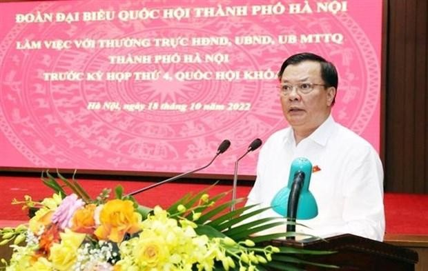 Ủy viên Bộ Kl991.com tải ứng dụng, Bí thư Thành ủy, Trưởng đoàn đại biểu Quốc hội thành phố Hà Nội Đinh Tiến Dũng phát biểu tại buổi làm việc. (Ảnh: TTXVN phát)