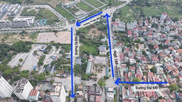 Phương án dự kiến tổ chức nút giao Sa Đôi-Đại Mỗ: ôtô rẽ phải vào ngõ 169 Đại Mỗ, qua dự án thi công đường 70 kéo dài sau đó đi thẳng qua nút giao về hướng Đại lộ Thăng Long. (Ảnh: Báo Kl992 cổng game cá cược & Đô thị)