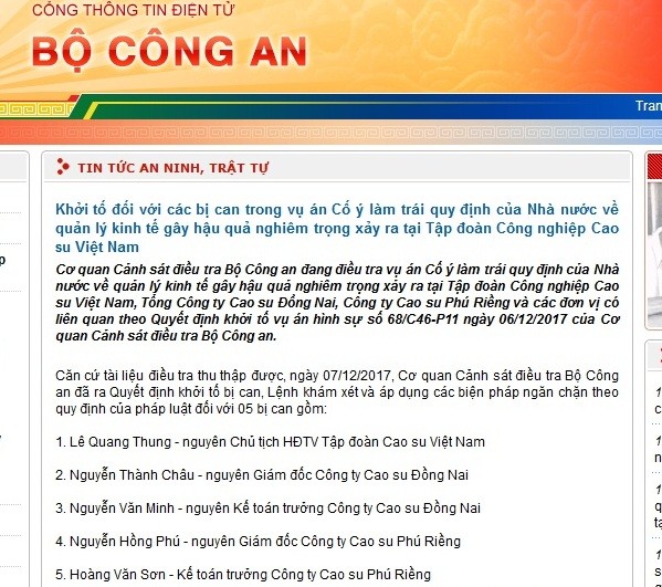 Khởi tố nguyên Chủ tịch HĐTV Kl994 game bài casino hấp dẫn Cao su Việt Nam