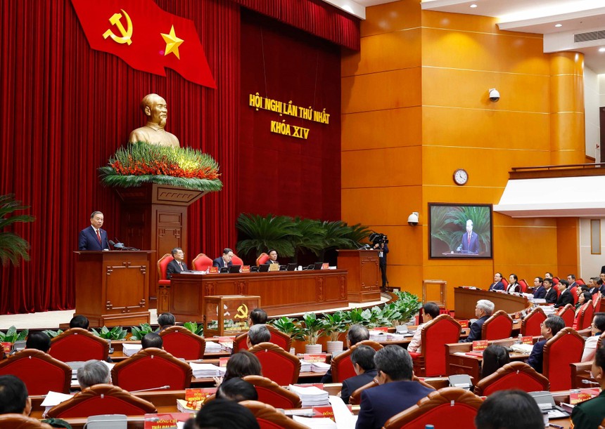 Tổng Bí thư Tô Lâm phát biểu tại Hội nghị lần thứ nhất Ban Chấp hành Trung ương Đảng khóa XIV. Ảnh: TTXVN
