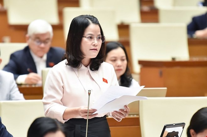 Nguyễn Hoàng Bảo Trân (đoàn TP Hồ Chí Minh) phát biểu sáng 27/11