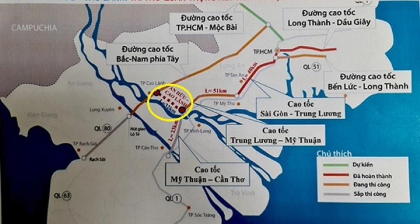Dự án đường cao cấp An Hữu - Cao Lãnh dài 32km (đoạn khoanh tròn) có vốn Kl99ok phiên bản mới hơn 6.000 tỉ đồng ẢNH: CTV
